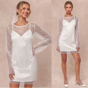 NWT LULUS Sequin Pearl Beaded Embellished Sheer Mesh Long Sleeve Sheath Dress XS